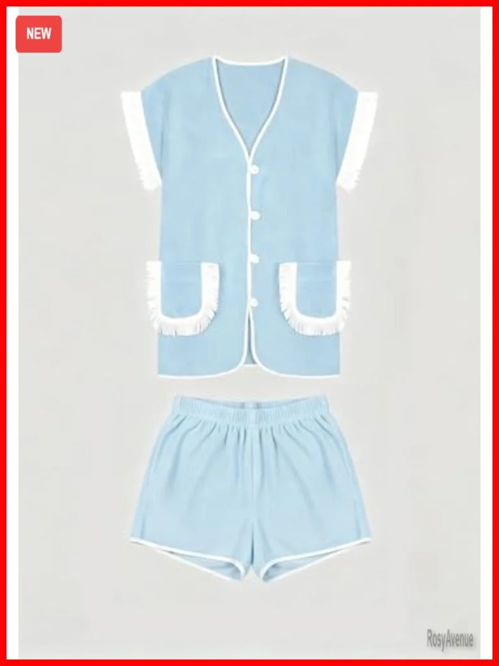 2 Piece Fringed Trim Vacation Outfits Short Sleeve Vneck Button Up Top Shorts
